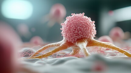 Poster - Detailed Depiction of Cancer Cell Cluster With Distinct Features Under Soft Lighting in a Laboratory Environment, Highlighting Cell Structure and Texture in Scientific Context