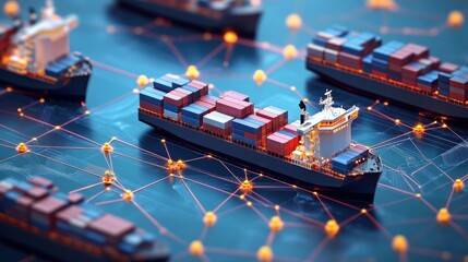 Trade network with container ship silhouettes flat design top view logistics theme 3D render Split-complementary color scheme