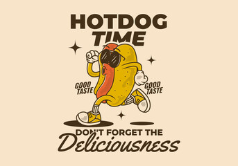 Wall Mural - Hot Dog time, Don't forget the deliciousness. Vintage retro character of hot dog in running pose