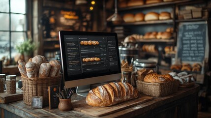 Artisan Bread Website Monitor Mockup with Fresh Bread Loaf. Generative AI