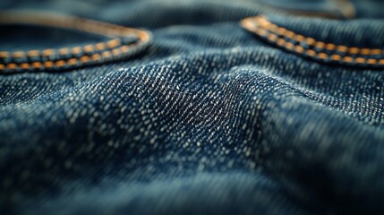 Aufkleber - The fabric displays rich blue tones and intricate stitching, emphasizing pockets in a detailed close-up. Natural light highlights the texture and weave, creating depth.