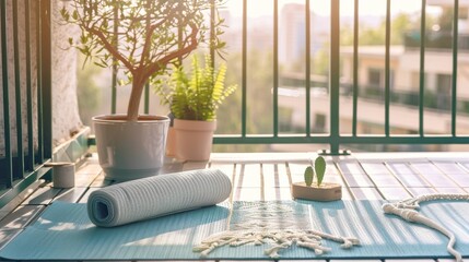 Aufkleber - A serene yoga mat setup on a sunlit balcony, Yoga mat and accessories precisely placed, Urban minimalist style