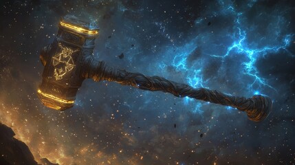 Poster - glowing magical hammer floats in a colorful space with lightning, stars, and rocks, blending mytholo