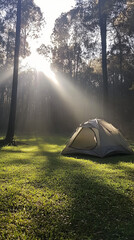 Poster - Morning mist casting sunbeams on a tent set up on a grassy forest floor