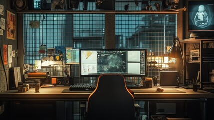 Poster - scientist is working late at night in their modern, high-tech office, analyzing complex data display