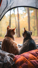 Poster - Two cats sitting in a tent, enjoying the view of an autumn forest during a camping trip