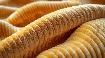 Aufkleber - The fabric displays a warm yellow hue, adorned with finely ridged lines that create a rich texture. Light enhances the curves and folds, emphasizing its softness and warmth.