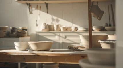 Aufkleber - A sleek pottery wheel setup in a modern studio, Pottery wheel and clay precisely placed, Contemporary clean style