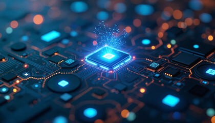 Poster - a circuit board featuring a blue chip, illuminated by a network of lights, representing the sophisti