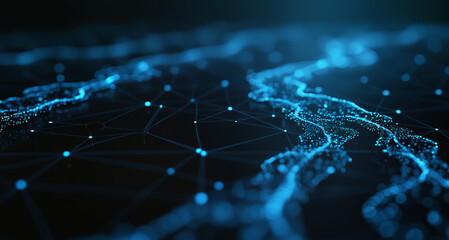 Poster - A dark background with blue dots and lines forming a complex network, symbolizing digital connectivity and the intricate structures of modern communication systems.