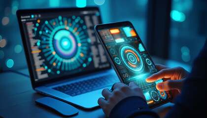 Poster - a person using both a tablet and a laptop on a desk. the laptop screen displays a futuristic interfa