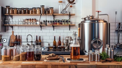 Poster - A stylish home brewery setup with brewing equipment and ingredients, Home brewing tools and supplies organized meticulously, Modern craft beer style