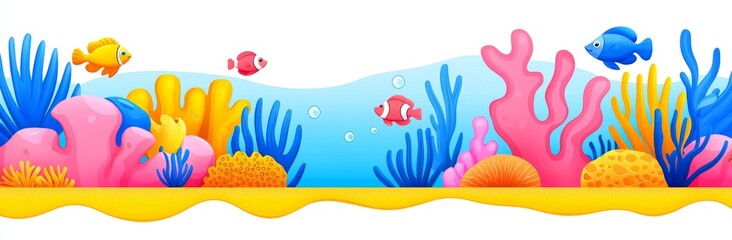 Wall Mural - Decorative fish cartoon wallpaper with underwater seaweed, rocks, algae weeds, and corals. Nautical oceanic wildlife design.