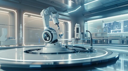 Poster - A tidy robotics building setup in a futuristic lab, Robotic parts and tools meticulously placed, Modern tech style