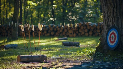 Poster - A tranquil archery range set in a lush forest, Bows and arrows neatly arranged, Nature-inspired minimalist style