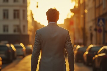 Back view of confident businessman in grey suit, walking through city at dusk, soft golden light, calm street, medium close-up 2