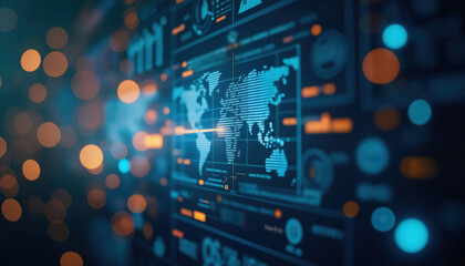 Poster - Global Financial Data Map: Abstract digital map overlay with blue and orange data points, representing global financial data and economic trends.