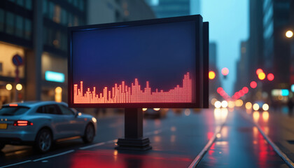 Poster - City Billboard with Red and Blue Display: A billboard in a city with a red and blue screen displaying a financial graph, representing data-driven advertising.