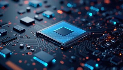Poster - ai processor on blue circuit board: a close-up of an ai processor on a blue circuit board, surrounde