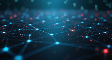 Poster - a complex network of digital connections is depicted through dots and lines, illuminated by colorful