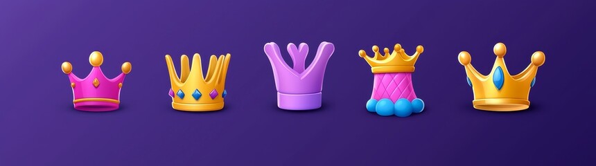 Poster - Isolated golden crowns on black background. Modern cartoon illustration of royal symbol, gold metal jewelry with gem stones, medieval treasure design, king or queen accessory.