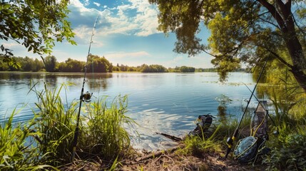 Poster - A tranquil fishing spot by a serene lake, Fishing rods and gear arranged neatly on the shore, Classic outdoor style