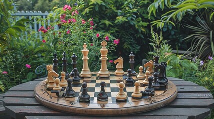 Poster - A tranquil garden chess setup with pieces arranged meticulously, Large chessboard laid out on a wooden table, Classic outdoor game style
