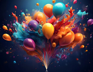Poster - A burst of colorful balloons explodes in a spray of vibrant paint.