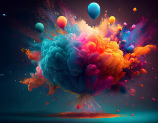 Poster - A vibrant explosion of colorful paint with balloons floating above it.