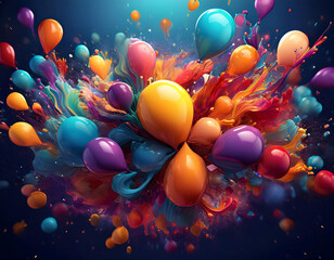 Poster - A vibrant explosion of colorful balloons with paint splattering outward against a dark blue background.