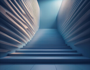 Fototapete - A long flight of stairs leading upwards through a modern, geometric corridor with a bright light source at the top.