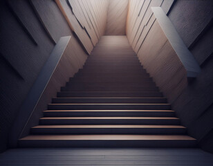Poster - A wooden staircase with a white railing leads up to a light source at the top of a seemingly endless flight of stairs.