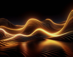 Poster - Abstract landscape with glowing golden lines and a reflective surface.