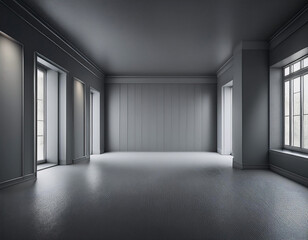 Poster - An empty room with grey walls, windows, and floor.  The room is well lit and has a modern feel.