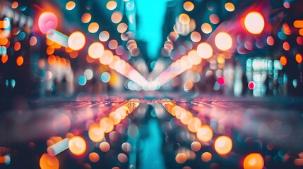 Canvas Print - A vibrant city scene with blurred lights reflecting on wet pavement, creating an artistic urban atmosphere.