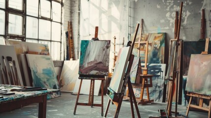 Poster - A tranquil painting workshop bathed in natural light, Artists' easels surrounded by canvases in progress, Artistic studio style