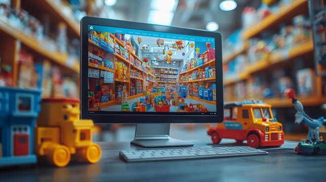 Children's Toy Store Website Mockup with Colorful Toys. Generative AI