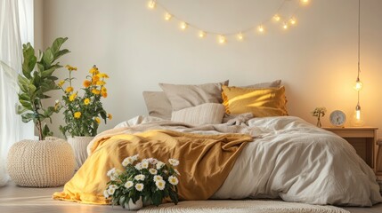 Sticker - Cozy bedroom with warm lighting, plants, and decorative pillows for relaxation.