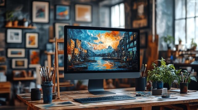 Art Gallery on Desktop Screen in Creative Studio. Generative AI