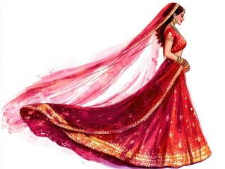 A graceful woman in a stunning red traditional dress, adorned with intricate patterns and flowing fabric, showcasing elegance and cultural beauty.