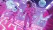 © PrismCraft - Zero-gravity dance floor on a space station, where attendees in sleek suits navigate through colorful floating bubbles of light.