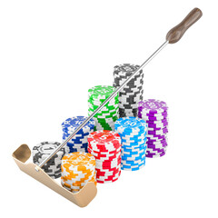 Poster - Casino gambling chips with poker chip rake. 3D rendering isolated on transparent background