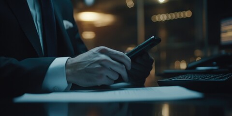 Poster - Businessman in Suit Using Phone at Bar