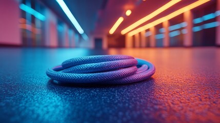Poster - A coiled rope rests on the floor, surrounded by lighting that casts blue and orange hues across a sleek urban interior. The atmosphere conveys a modern and dynamic environment.
