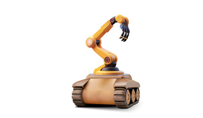 Poster - A detailed 3D vector illustration of a robotic arm mounted on a tracked base, showcasing modern industrial and automation technology.  Robotic arm extending from mobile platform