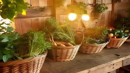 Wall Mural - Fresh organic vegetables in overflowing baskets on a rustic farm stand. Vibrant colors against natural wood. Embody healthy eating and sustainable agriculture. Carrots. Greens. Zucchini. Eggplant