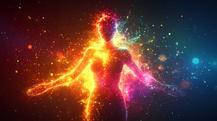 Wall Mural - A glowing, futuristic human figure made of radiant particles, representing technology, health, and progress in digital art. Radiant. Illustration