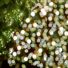 Wall Mural - merry christmas and new year holidays background. blurred bokeh background with light bulbs and chri