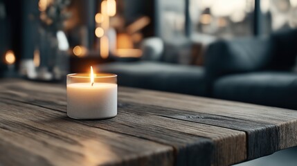 Wall Mural - Close-up of a lit candle on a wooden table in a cozy, softly lit living room with blurred background ambiance.