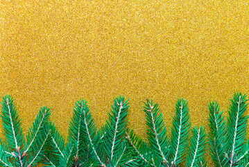 Wall Mural - golden background. card banner with christmas tree branches. happy new year frame. mockup.